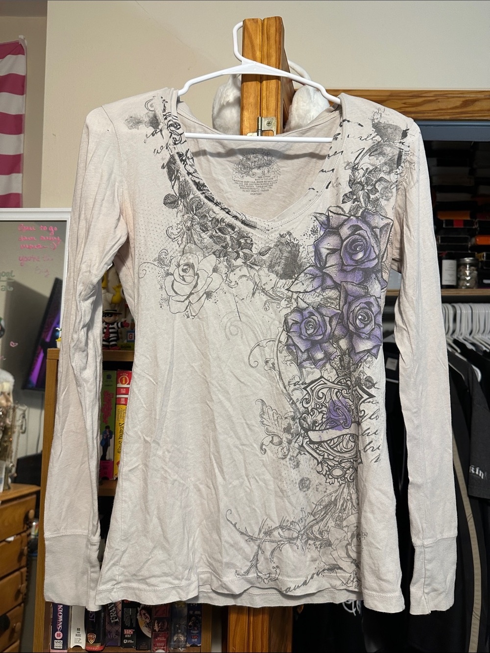 Y2K Women’s Cream Color Long-Sleeve V-Neck Top with Purple Rose Print